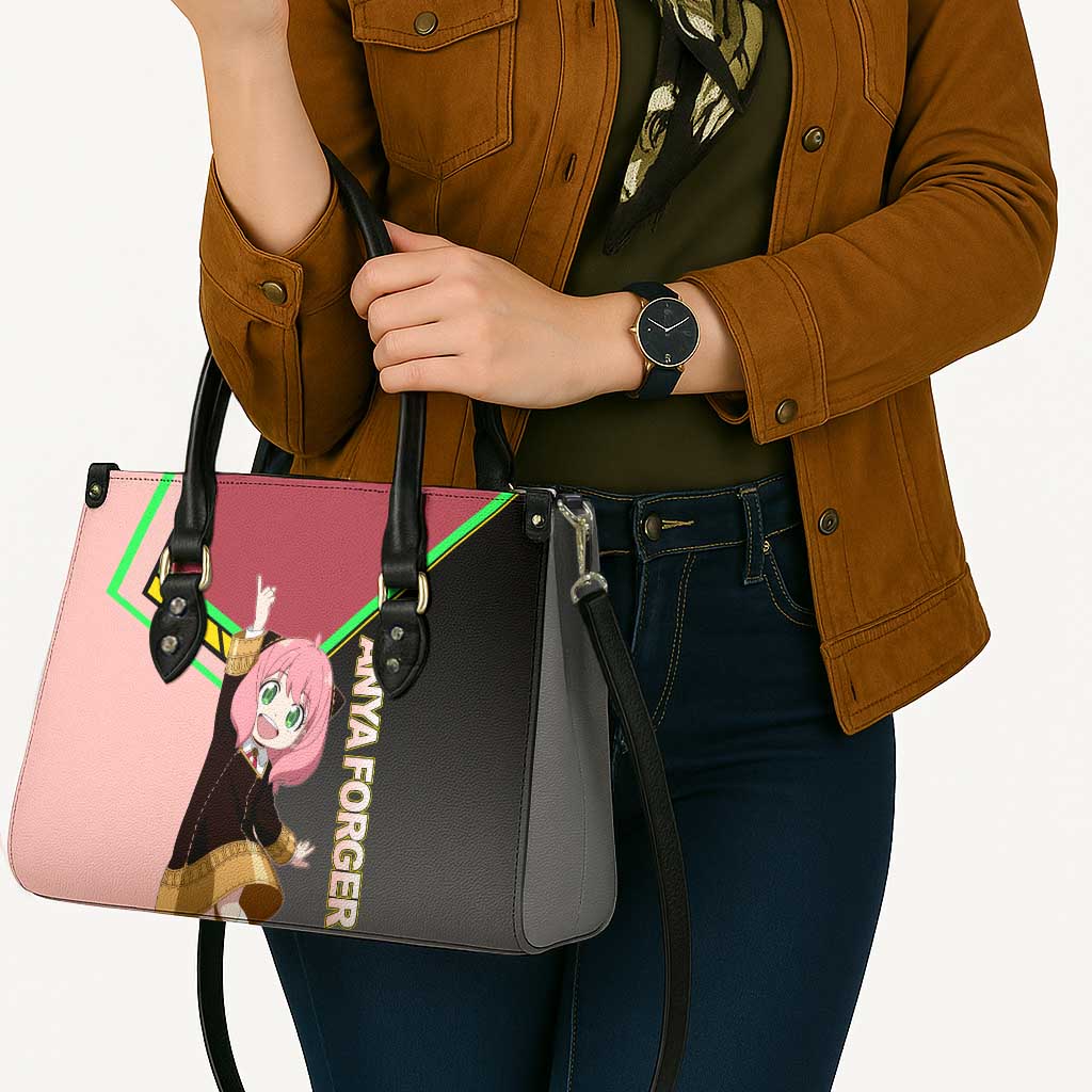 Anya Forger Spy x Family Pink and Black Theme Leather Bag with Cheerful Pose and Cartoon Style Accents - The Mazicc