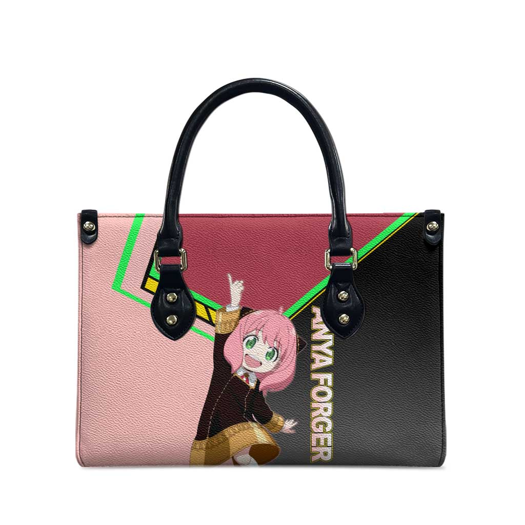 Anya Forger Spy x Family Pink and Black Theme Leather Bag with Cheerful Pose and Cartoon Style Accents - The Mazicc