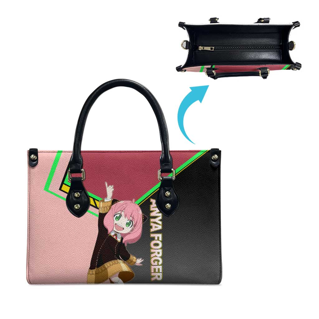 Anya Forger Spy x Family Pink and Black Theme Leather Bag with Cheerful Pose and Cartoon Style Accents - The Mazicc