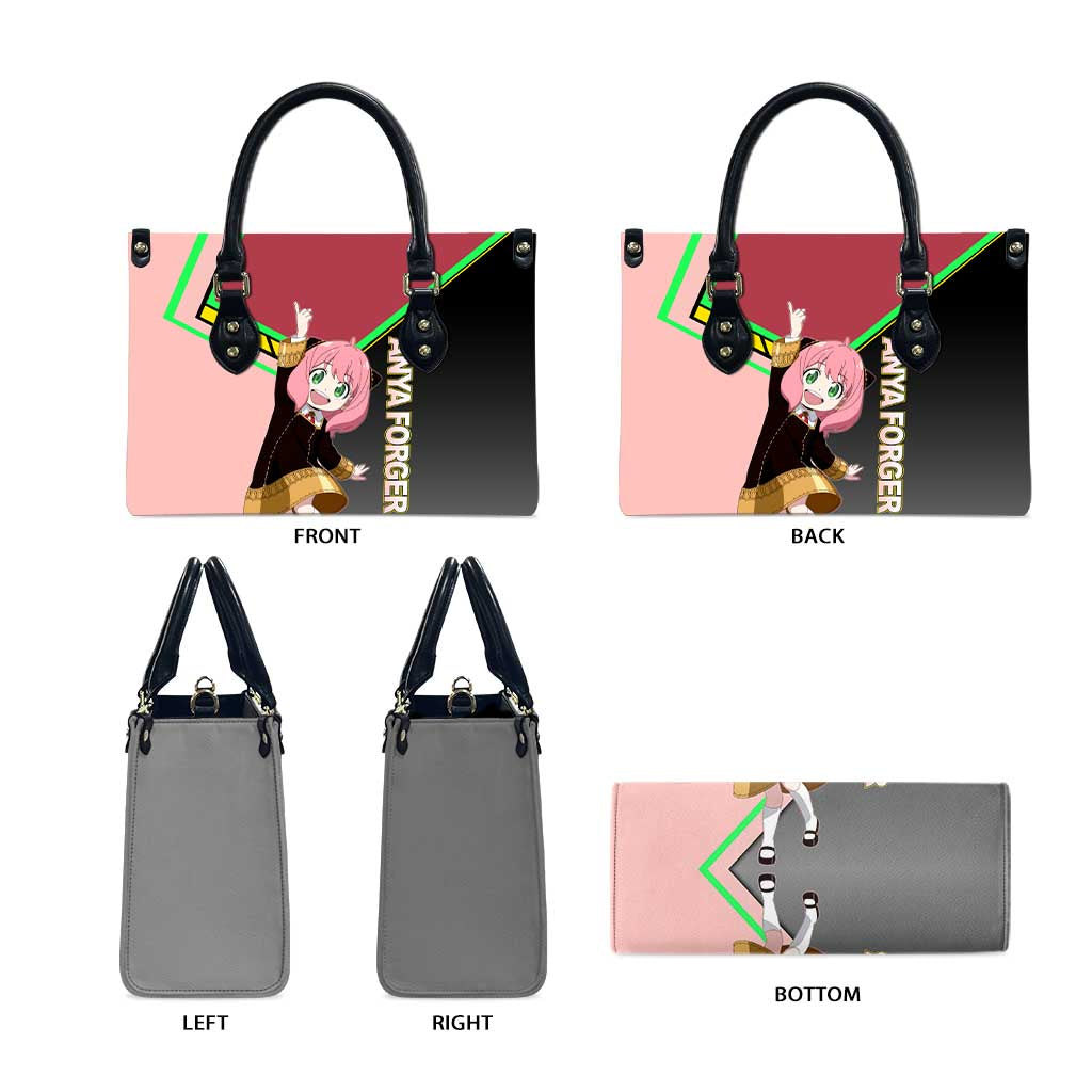 Anya Forger Spy x Family Pink and Black Theme Leather Bag with Cheerful Pose and Cartoon Style Accents - The Mazicc