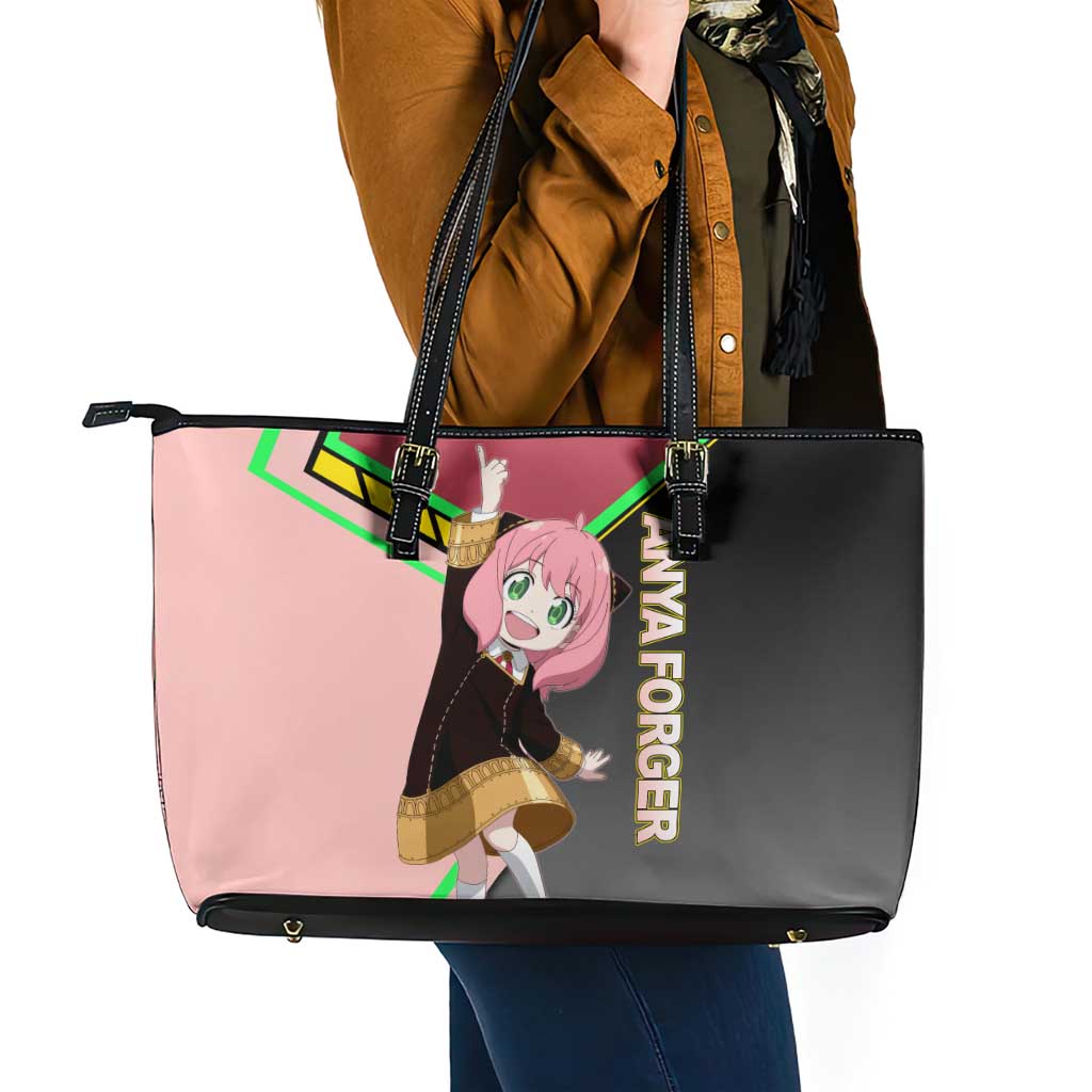 Anya Forger Spy x Family Pink and Black Theme Leather Tote Bag with Cheerful Pose and Cartoon Style Accents - The Mazicc