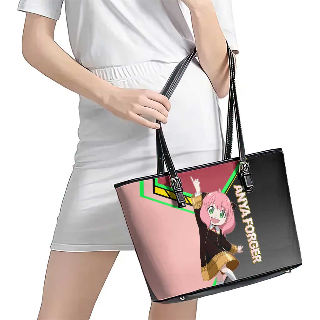 Anya Forger Spy x Family Pink and Black Theme Leather Tote Bag with Cheerful Pose and Cartoon Style Accents - The Mazicc