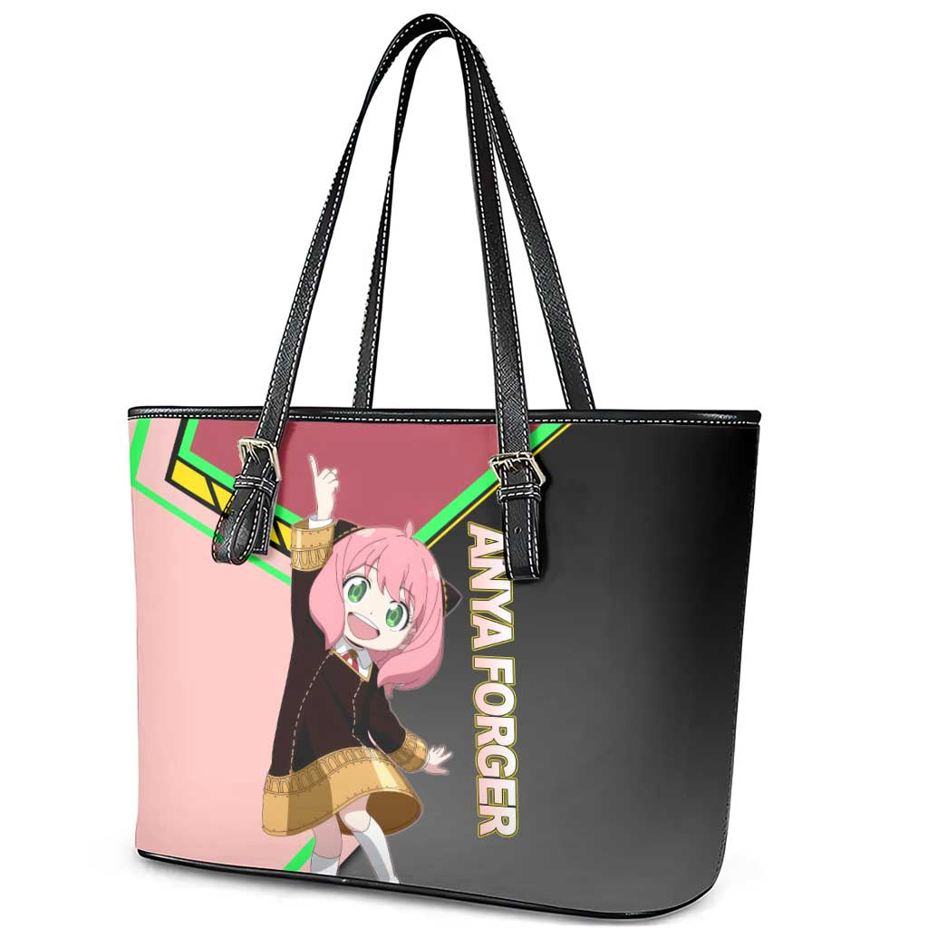 Anya Forger Spy x Family Pink and Black Theme Leather Tote Bag with Cheerful Pose and Cartoon Style Accents - The Mazicc