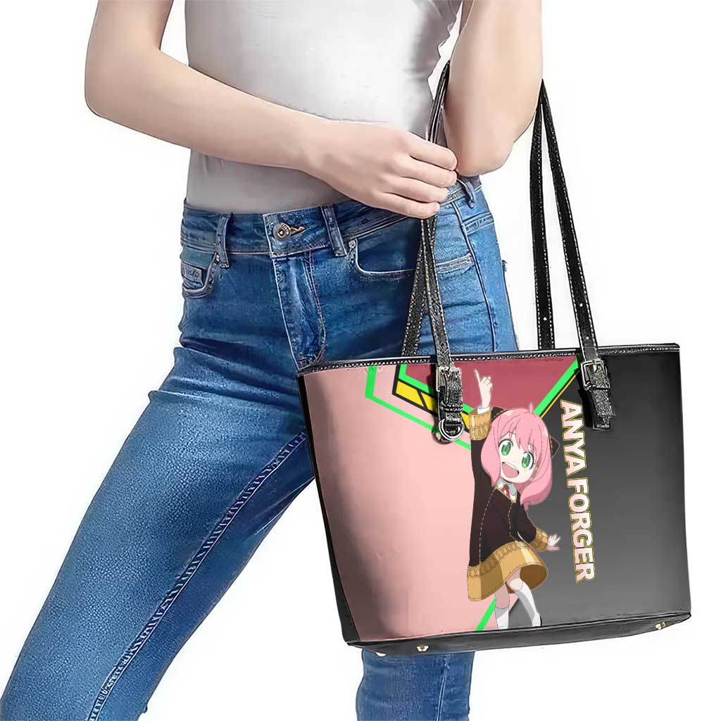 Anya Forger Spy x Family Pink and Black Theme Leather Tote Bag with Cheerful Pose and Cartoon Style Accents - The Mazicc