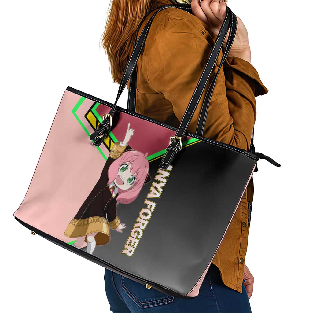 Anya Forger Spy x Family Pink and Black Theme Leather Tote Bag with Cheerful Pose and Cartoon Style Accents - The Mazicc