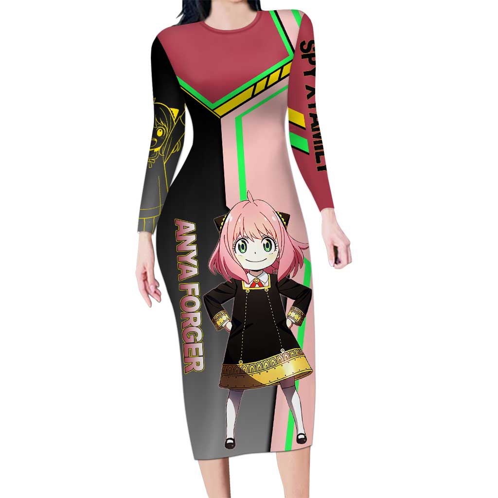 Anya Forger Spy x Family Pink and Black Theme Long Sleeve Bodycon Dress with Cheerful Pose and Cartoon Style Accents - The Mazicc
