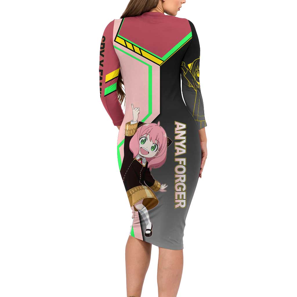 Anya Forger Spy x Family Pink and Black Theme Long Sleeve Bodycon Dress with Cheerful Pose and Cartoon Style Accents - The Mazicc