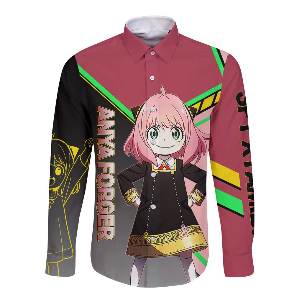 Anya Forger Spy x Family Pink and Black Theme Long Sleeve Button Shirt with Cheerful Pose and Cartoon Style Accents - The Mazicc