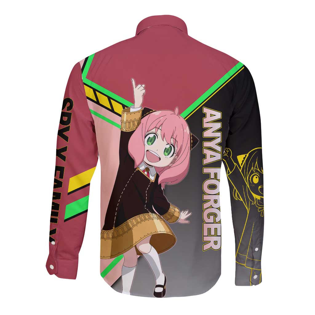 Anya Forger Spy x Family Pink and Black Theme Long Sleeve Button Shirt with Cheerful Pose and Cartoon Style Accents - The Mazicc