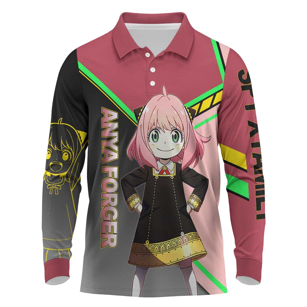 Anya Forger Spy x Family Pink and Black Theme Long Sleeve Polo Shirt with Cheerful Pose and Cartoon Style Accents - The Mazicc