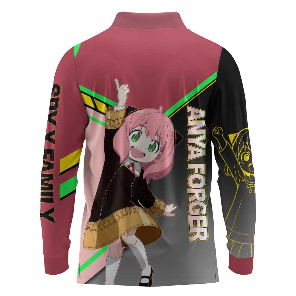 Anya Forger Spy x Family Pink and Black Theme Long Sleeve Polo Shirt with Cheerful Pose and Cartoon Style Accents - The Mazicc