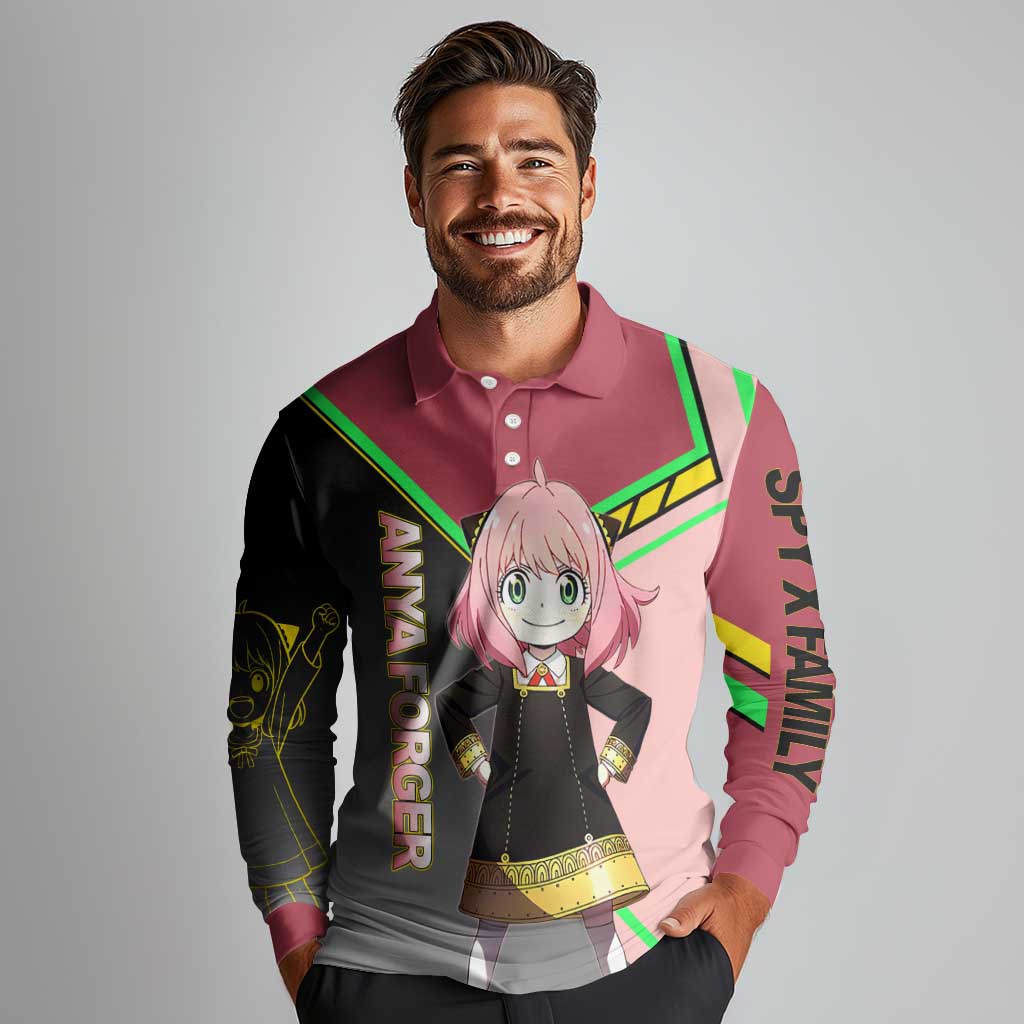 Anya Forger Spy x Family Pink and Black Theme Long Sleeve Polo Shirt with Cheerful Pose and Cartoon Style Accents - The Mazicc