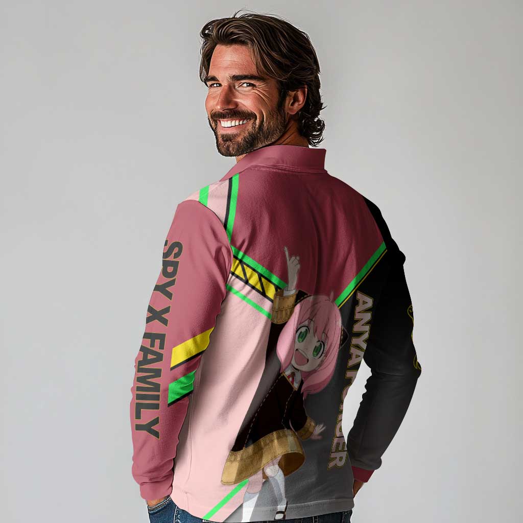 Anya Forger Spy x Family Pink and Black Theme Long Sleeve Polo Shirt with Cheerful Pose and Cartoon Style Accents - The Mazicc