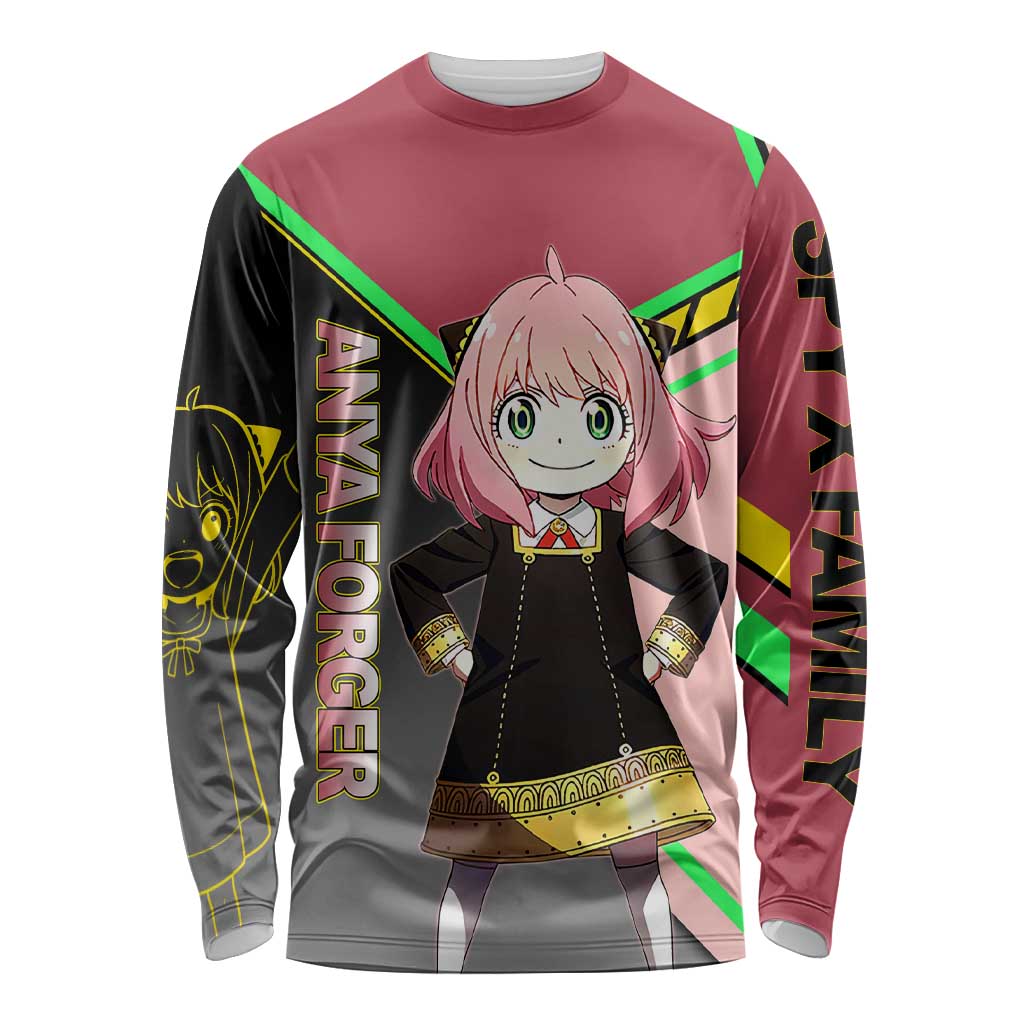 Anya Forger Spy x Family Pink and Black Theme Long Sleeve Shirt with Cheerful Pose and Cartoon Style Accents - The Mazicc