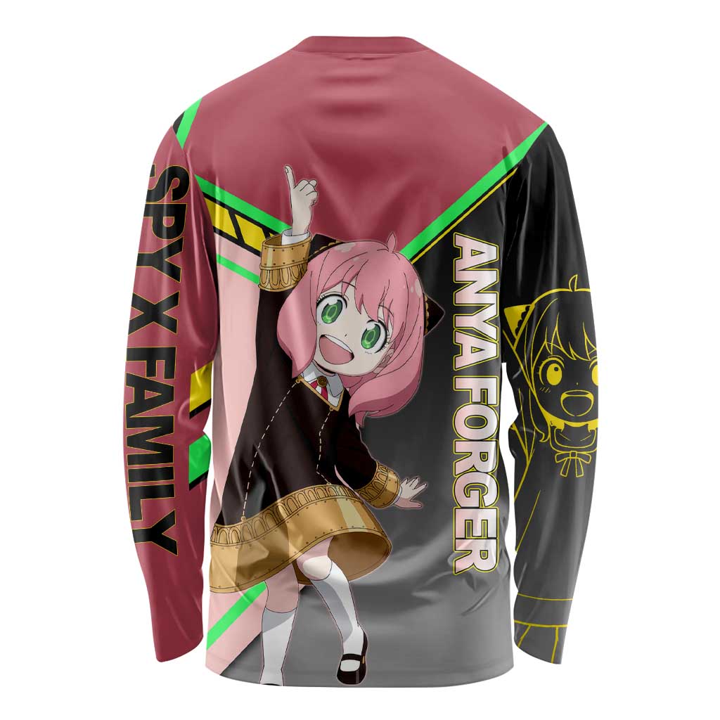 Anya Forger Spy x Family Pink and Black Theme Long Sleeve Shirt with Cheerful Pose and Cartoon Style Accents - The Mazicc