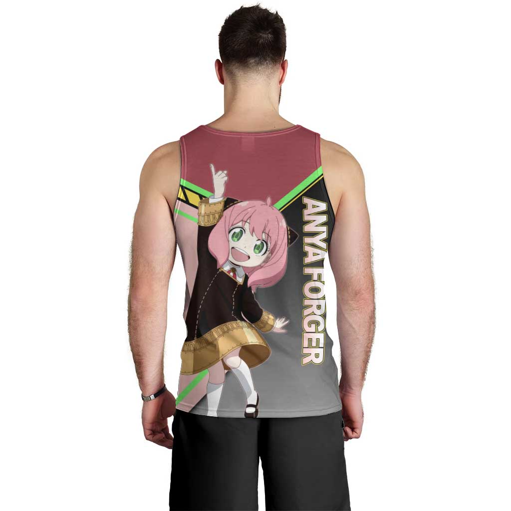 Anya Forger Spy x Family Pink and Black Theme Men Tank Top with Cheerful Pose and Cartoon Style Accents - The Mazicc
