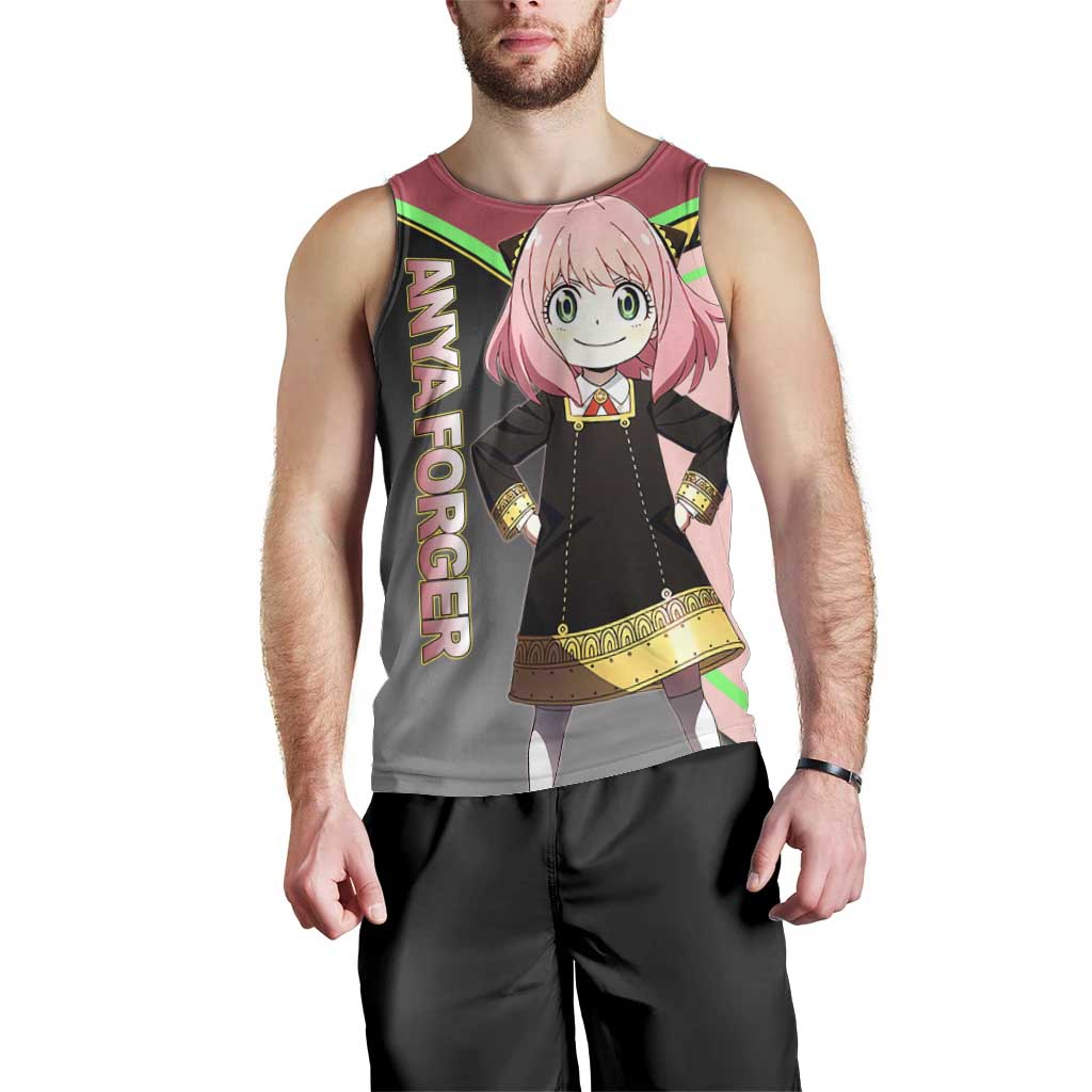 Anya Forger Spy x Family Pink and Black Theme Men Tank Top with Cheerful Pose and Cartoon Style Accents - The Mazicc
