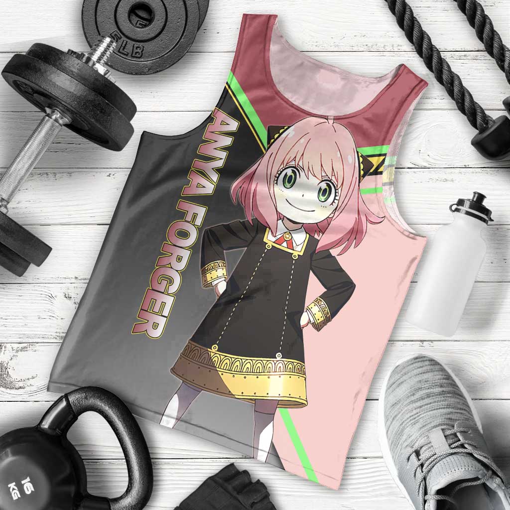 Anya Forger Spy x Family Pink and Black Theme Men Tank Top with Cheerful Pose and Cartoon Style Accents - The Mazicc