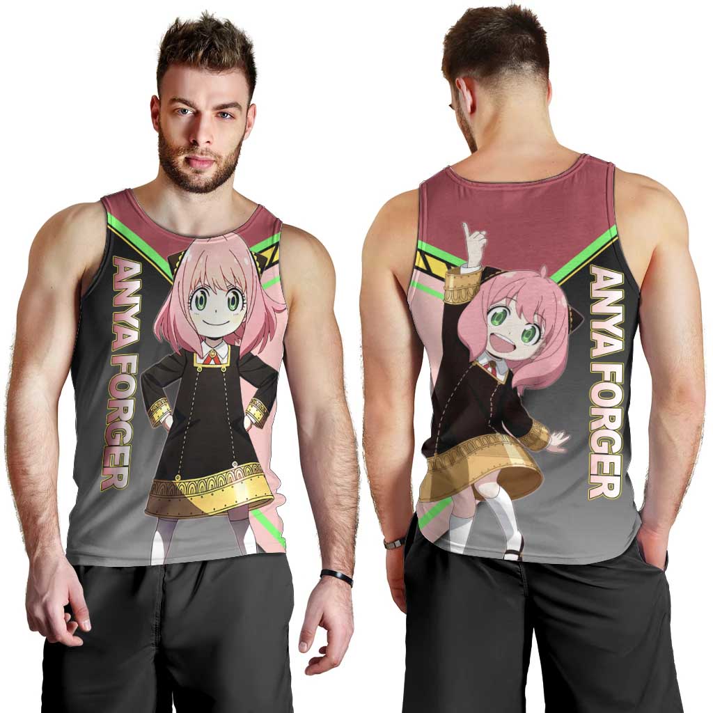 Anya Forger Spy x Family Pink and Black Theme Men Tank Top with Cheerful Pose and Cartoon Style Accents - The Mazicc