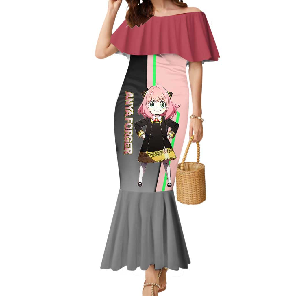 Anya Forger Spy x Family Pink and Black Theme Mermaid Dress with Cheerful Pose and Cartoon Style Accents - The Mazicc
