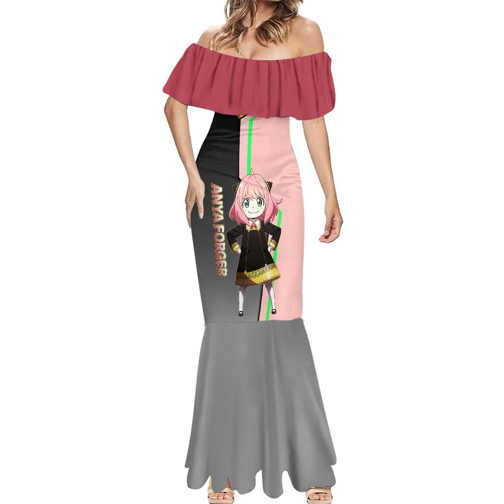 Anya Forger Spy x Family Pink and Black Theme Mermaid Dress with Cheerful Pose and Cartoon Style Accents - The Mazicc
