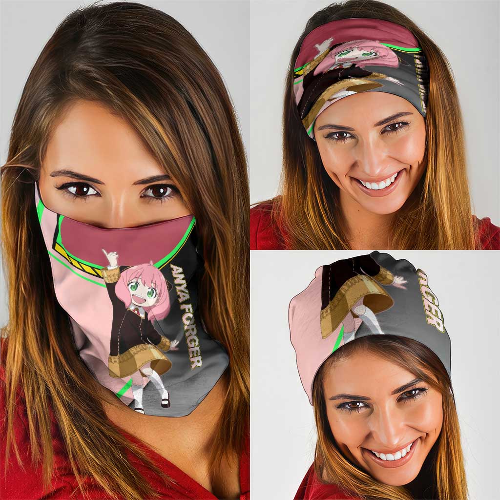 Anya Forger Spy x Family Pink and Black Theme Neck Gaiter with Cheerful Pose and Cartoon Style Accents - The Mazicc