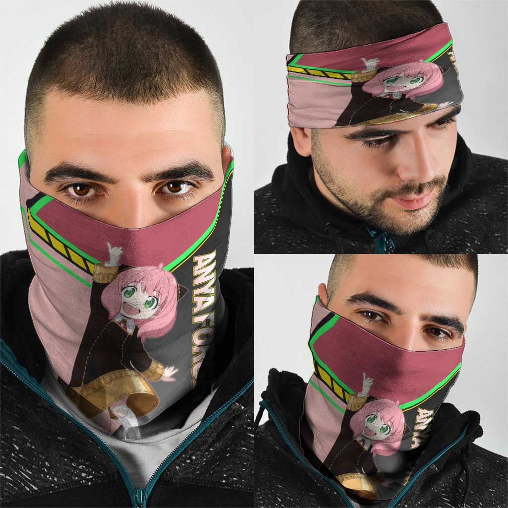 Anya Forger Spy x Family Pink and Black Theme Neck Gaiter with Cheerful Pose and Cartoon Style Accents - The Mazicc