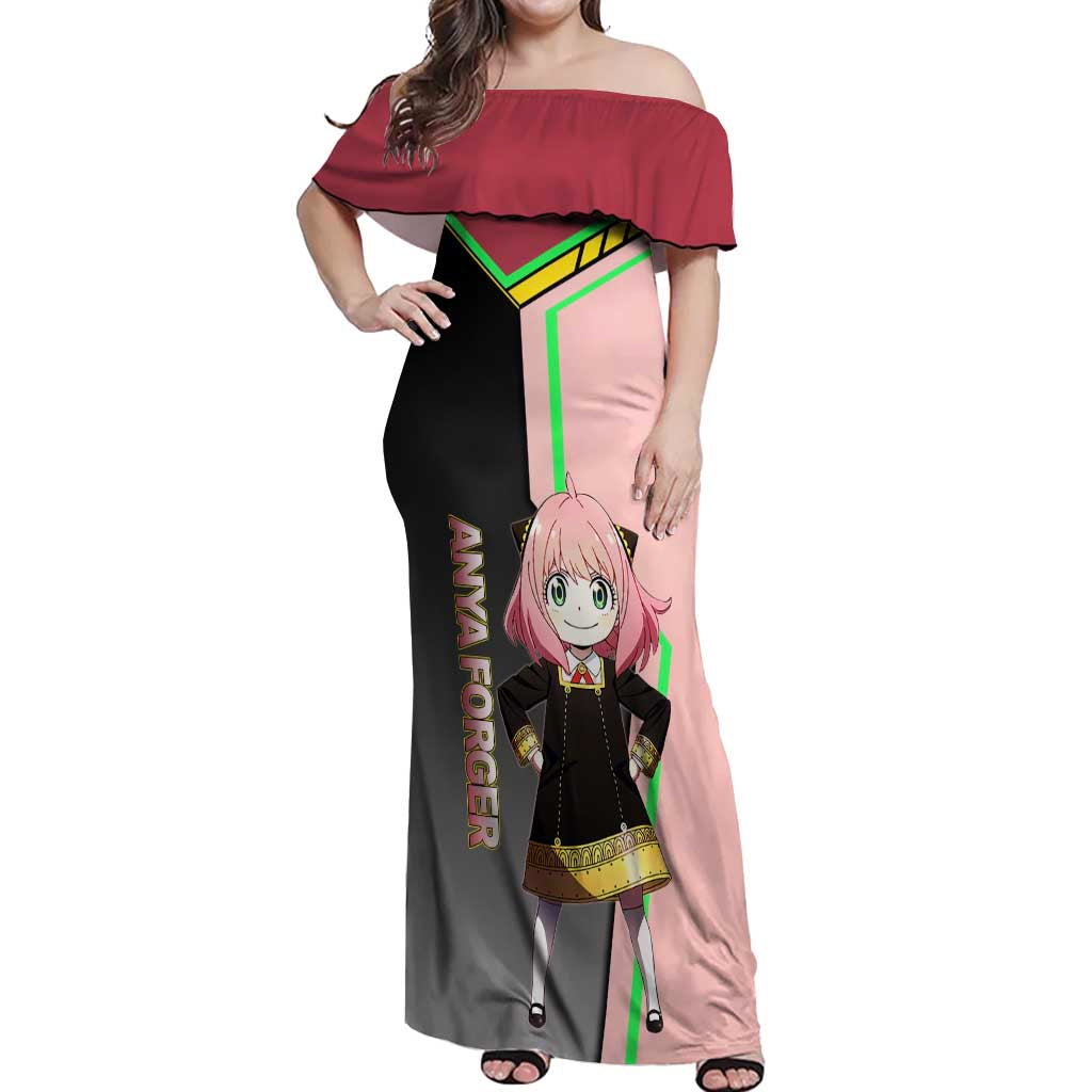 Anya Forger Spy x Family Pink and Black Theme Off Shoulder Maxi Dress with Cheerful Pose and Cartoon Style Accents - The Mazicc