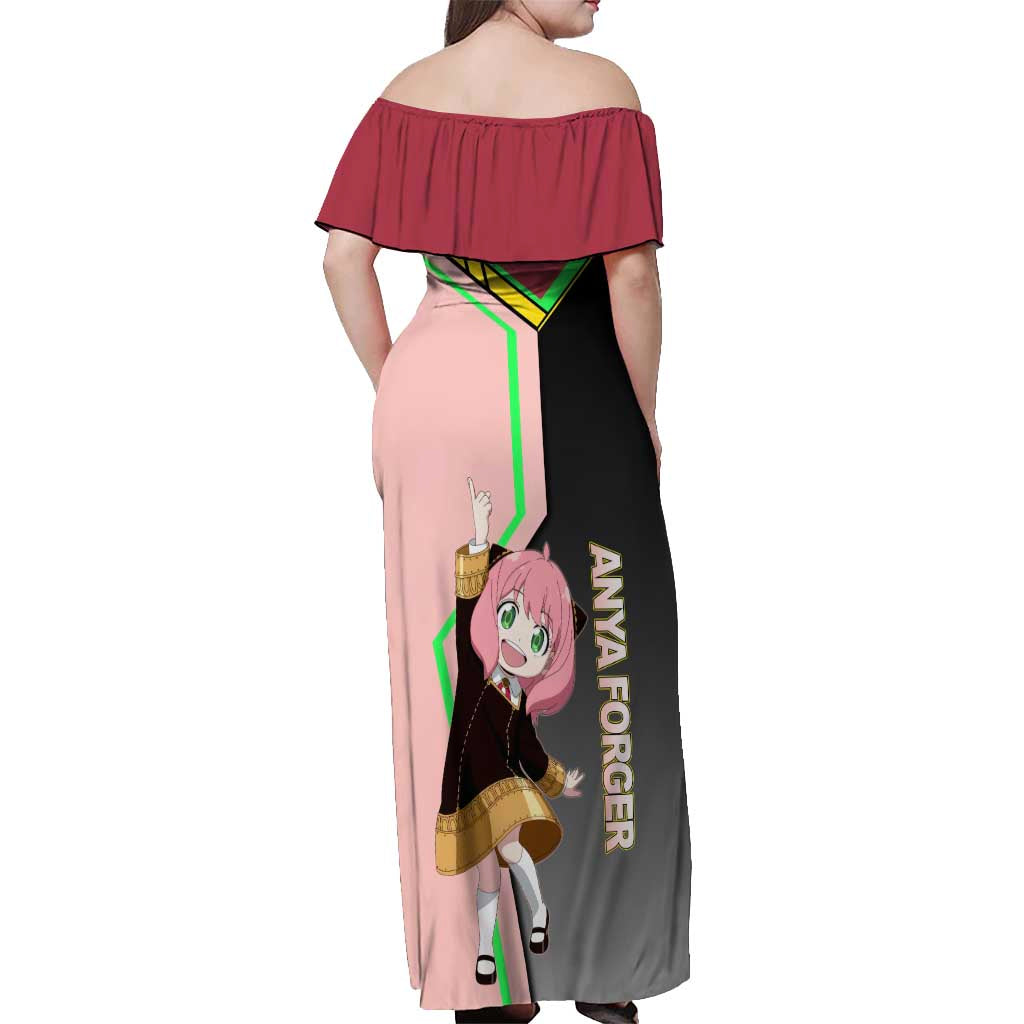 Anya Forger Spy x Family Pink and Black Theme Off Shoulder Maxi Dress with Cheerful Pose and Cartoon Style Accents - The Mazicc