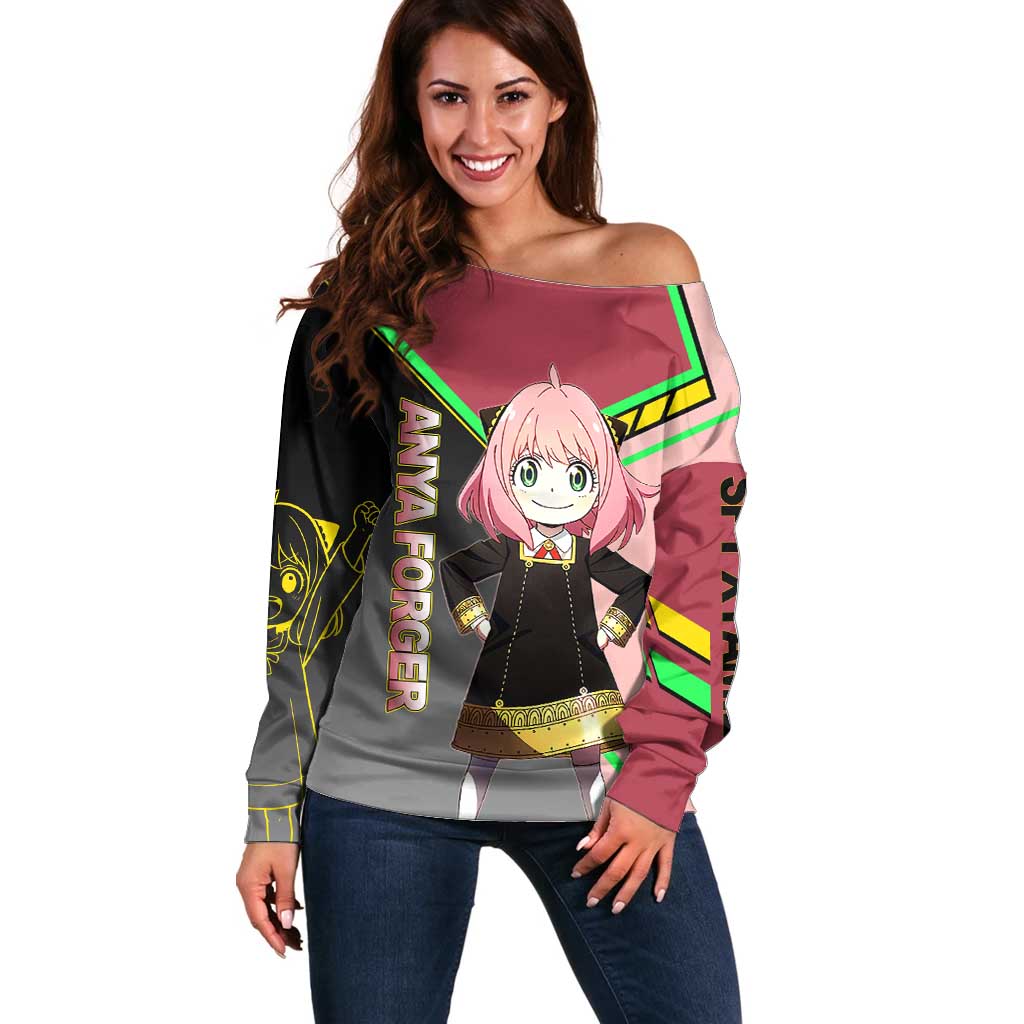 Anya Forger Spy x Family Pink and Black Theme Off Shoulder Sweater with Cheerful Pose and Cartoon Style Accents - The Mazicc