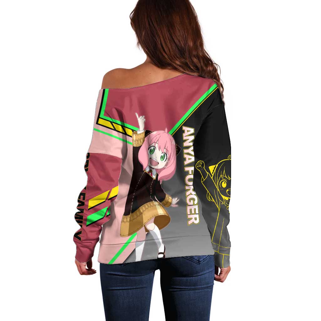 Anya Forger Spy x Family Pink and Black Theme Off Shoulder Sweater with Cheerful Pose and Cartoon Style Accents - The Mazicc
