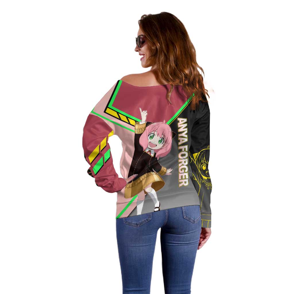 Anya Forger Spy x Family Pink and Black Theme Off Shoulder Sweater with Cheerful Pose and Cartoon Style Accents - The Mazicc