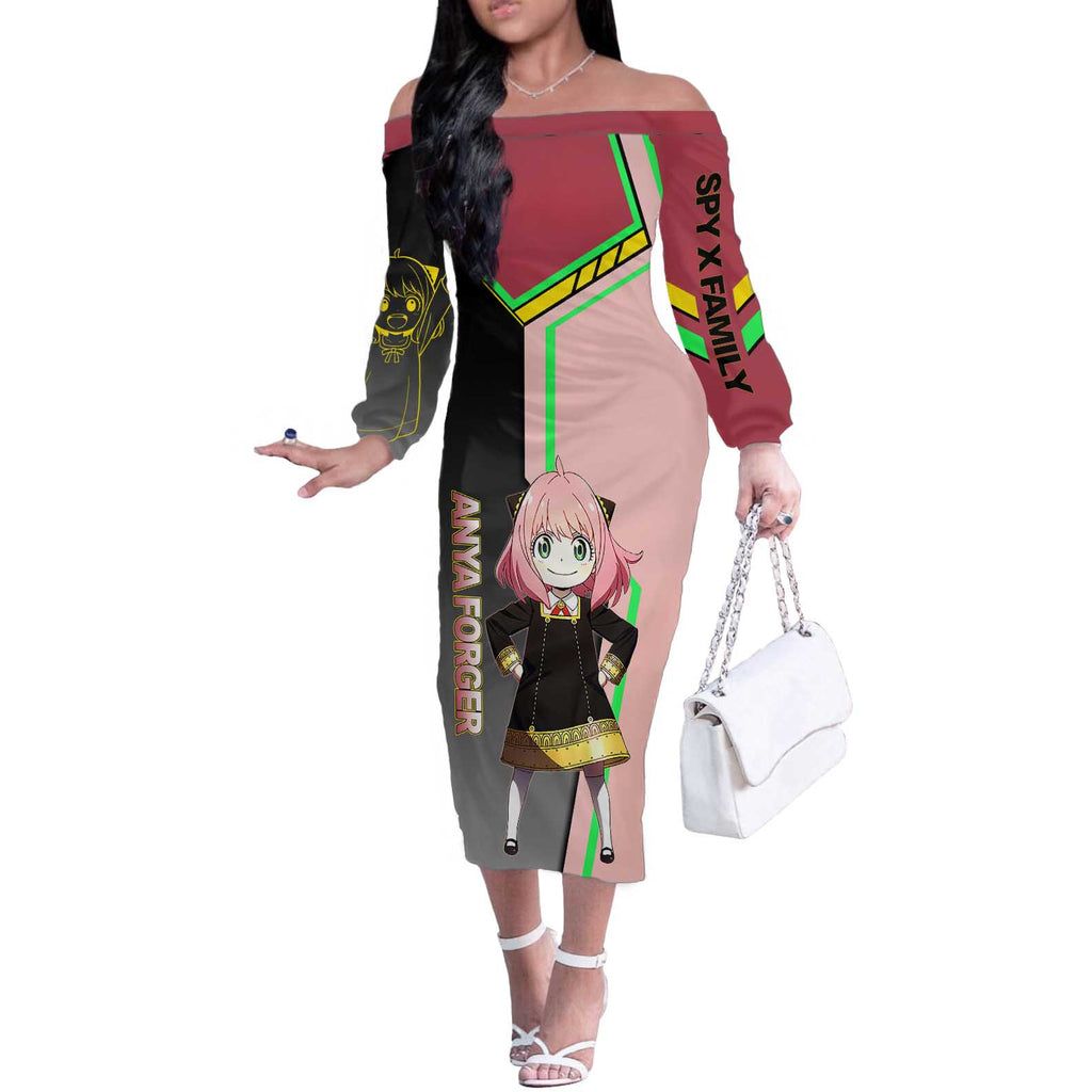 Anya Forger Spy x Family Pink and Black Theme Off The Shoulder Long Sleeve Dress with Cheerful Pose and Cartoon Style Accents - The Mazicc