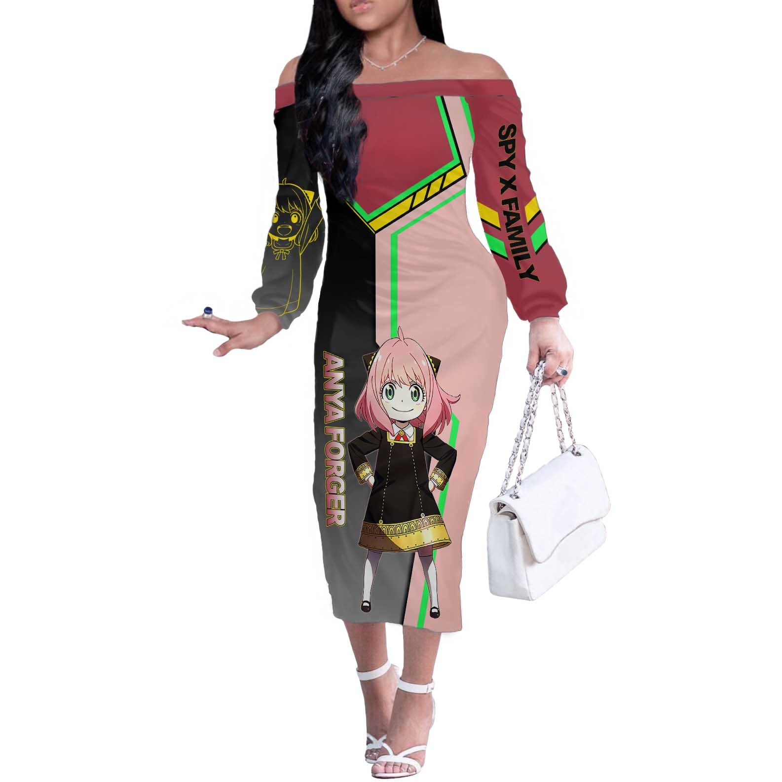 Anya Forger Spy x Family Pink and Black Theme Off The Shoulder Long Sleeve Dress with Cheerful Pose and Cartoon Style Accents - The Mazicc