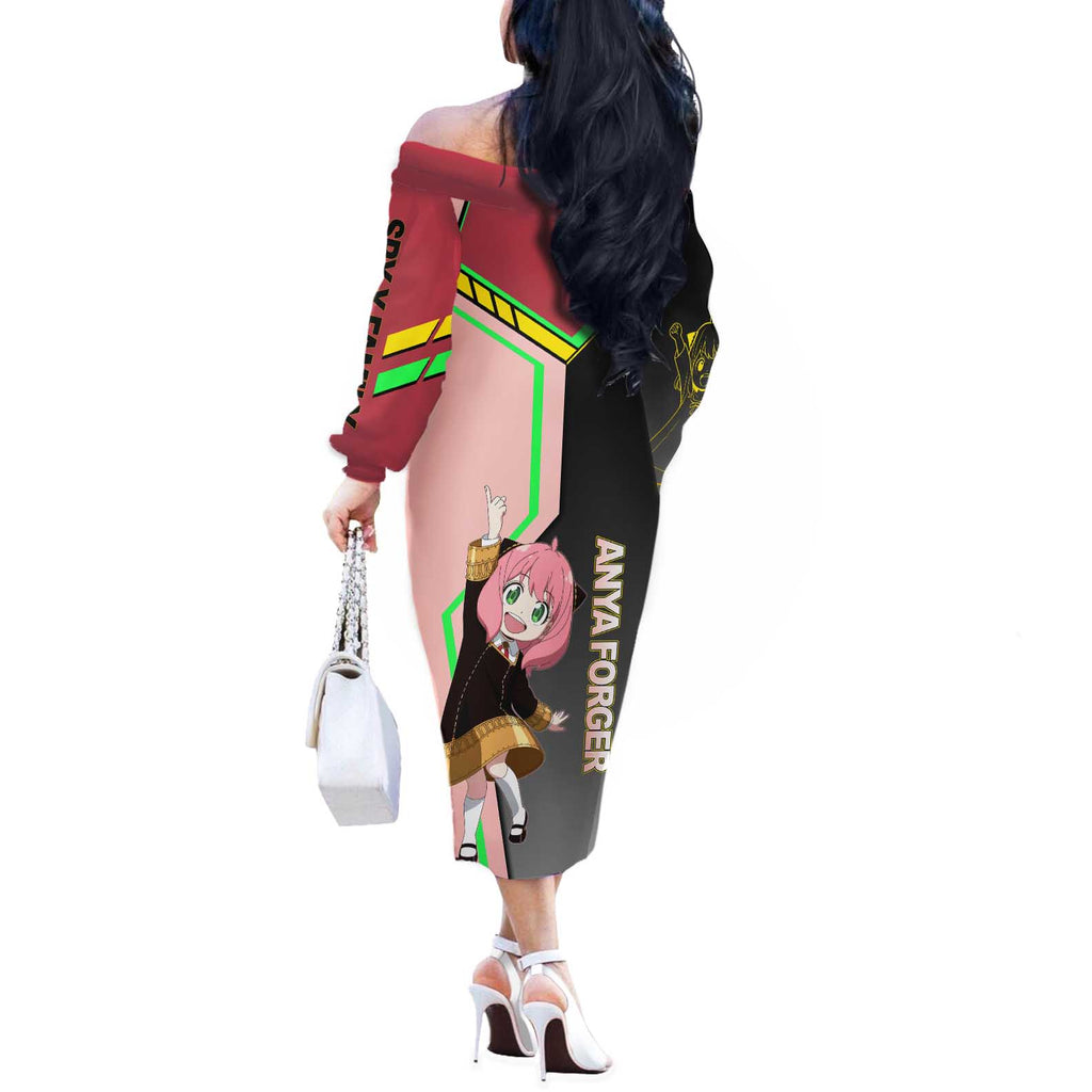 Anya Forger Spy x Family Pink and Black Theme Off The Shoulder Long Sleeve Dress with Cheerful Pose and Cartoon Style Accents - The Mazicc