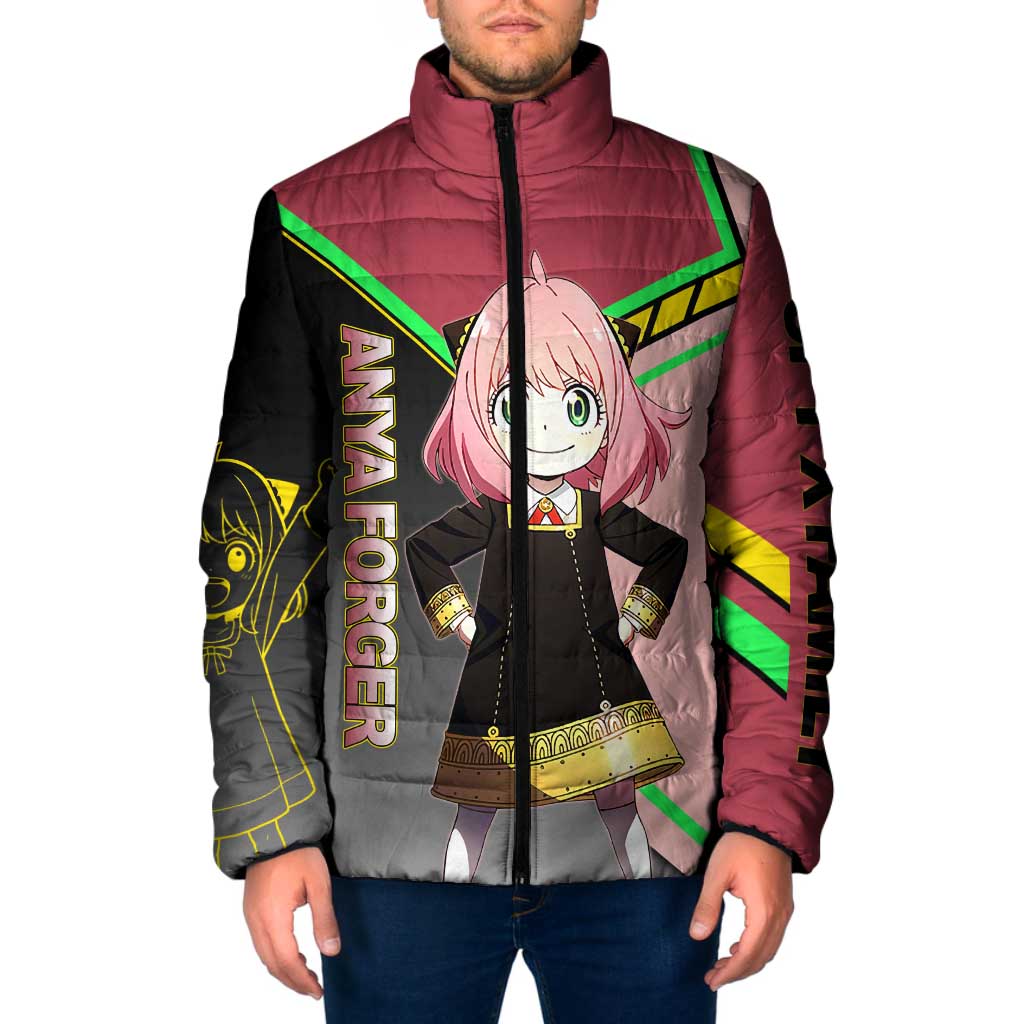 Anya Forger Spy x Family Pink and Black Theme Padded Jacket with Cheerful Pose and Cartoon Style Accents - The Mazicc