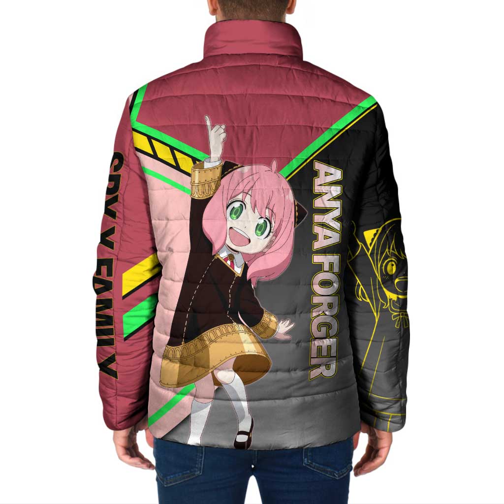 Anya Forger Spy x Family Pink and Black Theme Padded Jacket with Cheerful Pose and Cartoon Style Accents - The Mazicc