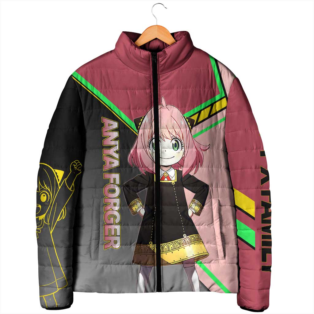 Anya Forger Spy x Family Pink and Black Theme Padded Jacket with Cheerful Pose and Cartoon Style Accents - The Mazicc