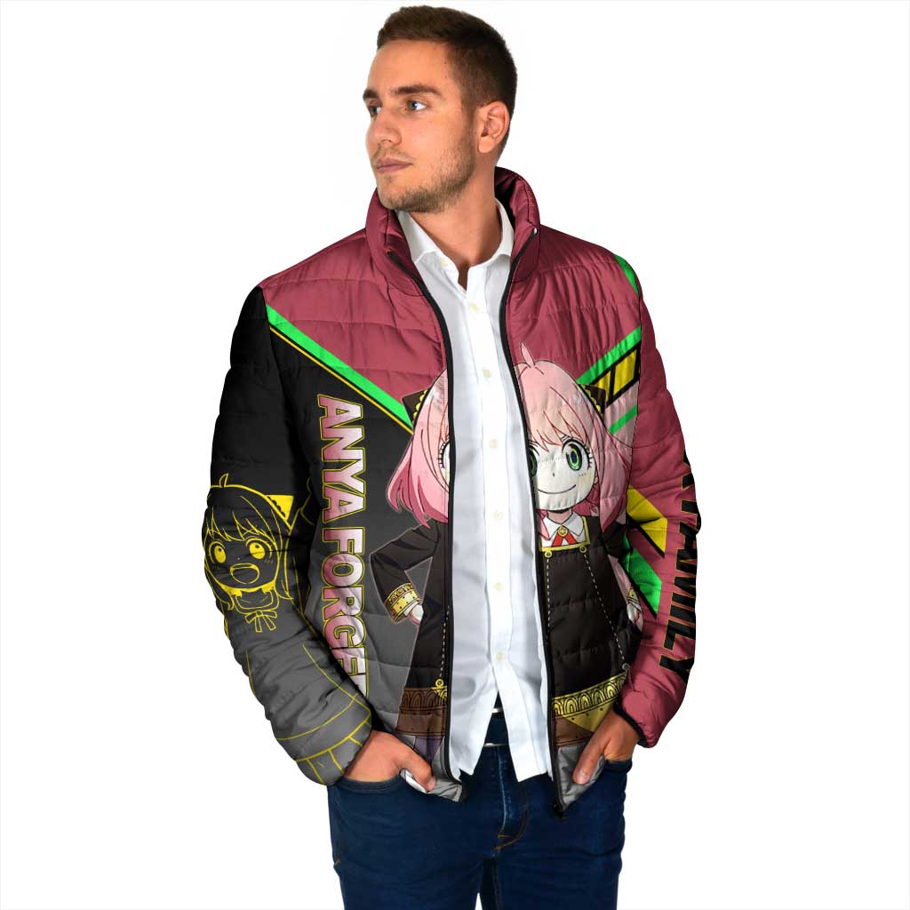 Anya Forger Spy x Family Pink and Black Theme Padded Jacket with Cheerful Pose and Cartoon Style Accents - The Mazicc