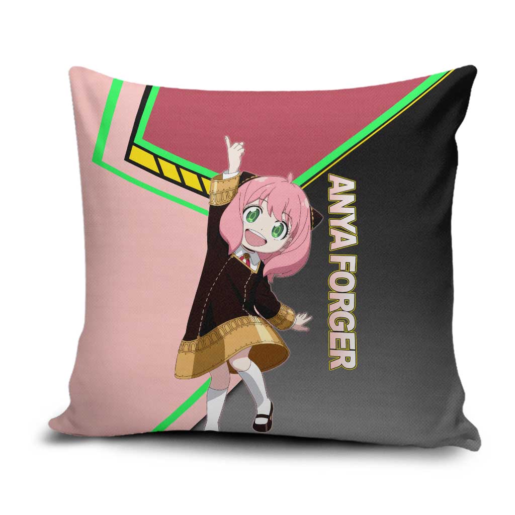 Anya Forger Spy x Family Pink and Black Theme Pillow Cover with Cheerful Pose and Cartoon Style Accents - The Mazicc