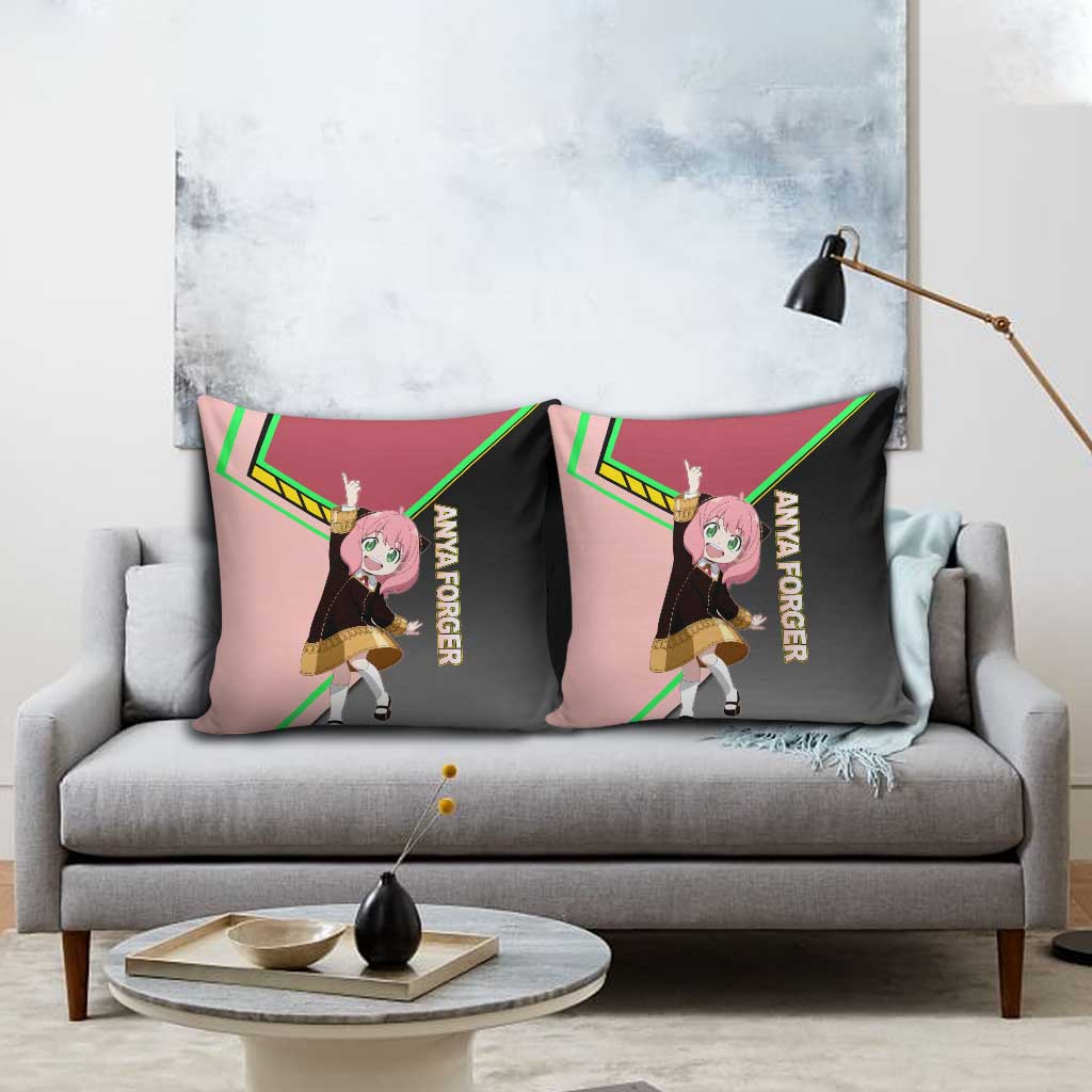 Anya Forger Spy x Family Pink and Black Theme Pillow Cover with Cheerful Pose and Cartoon Style Accents - The Mazicc