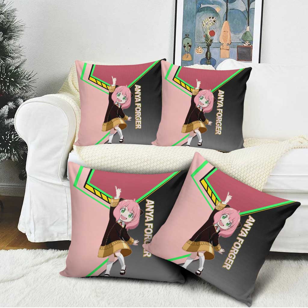 Anya Forger Spy x Family Pink and Black Theme Pillow Cover with Cheerful Pose and Cartoon Style Accents - The Mazicc