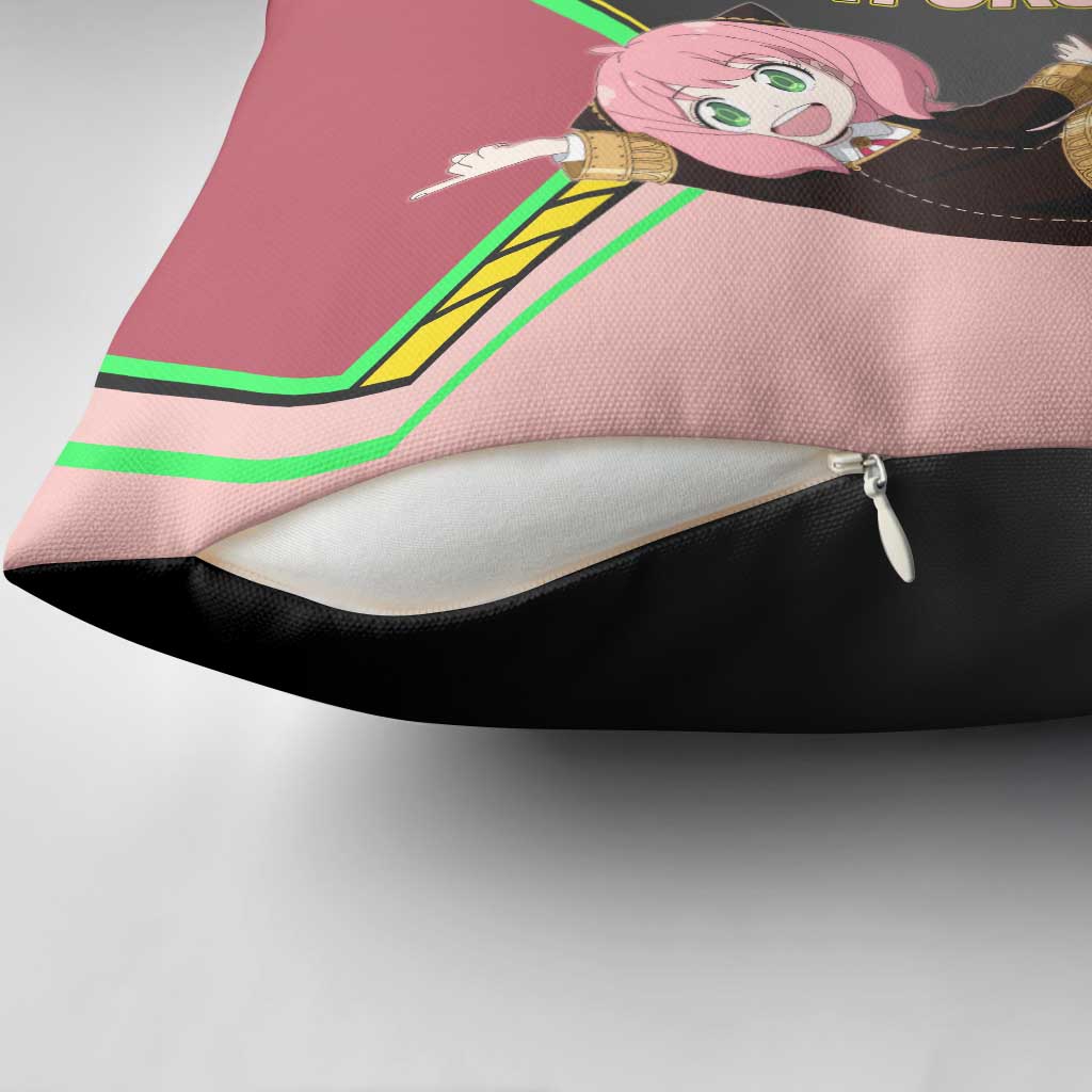 Anya Forger Spy x Family Pink and Black Theme Pillow Cover with Cheerful Pose and Cartoon Style Accents - The Mazicc