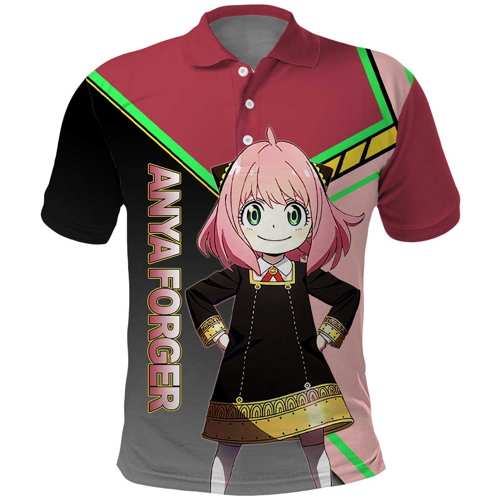 Anya Forger Spy x Family Pink and Black Theme Polo Shirt with Cheerful Pose and Cartoon Style Accents - The Mazicc