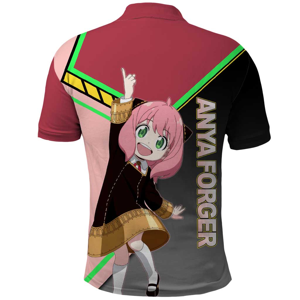 Anya Forger Spy x Family Pink and Black Theme Polo Shirt with Cheerful Pose and Cartoon Style Accents - The Mazicc