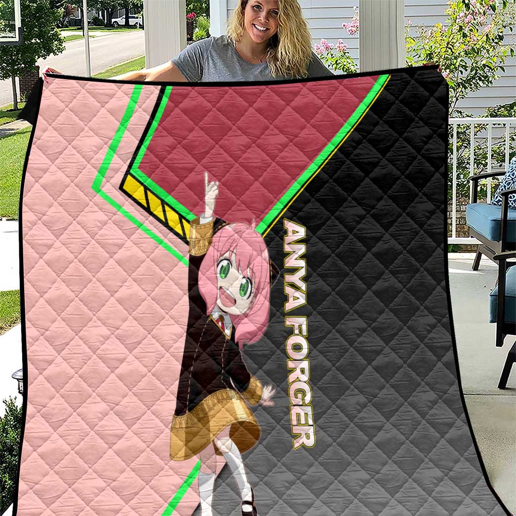 Anya Forger Spy x Family Pink and Black Theme Quilt with Cheerful Pose and Cartoon Style Accents - The Mazicc