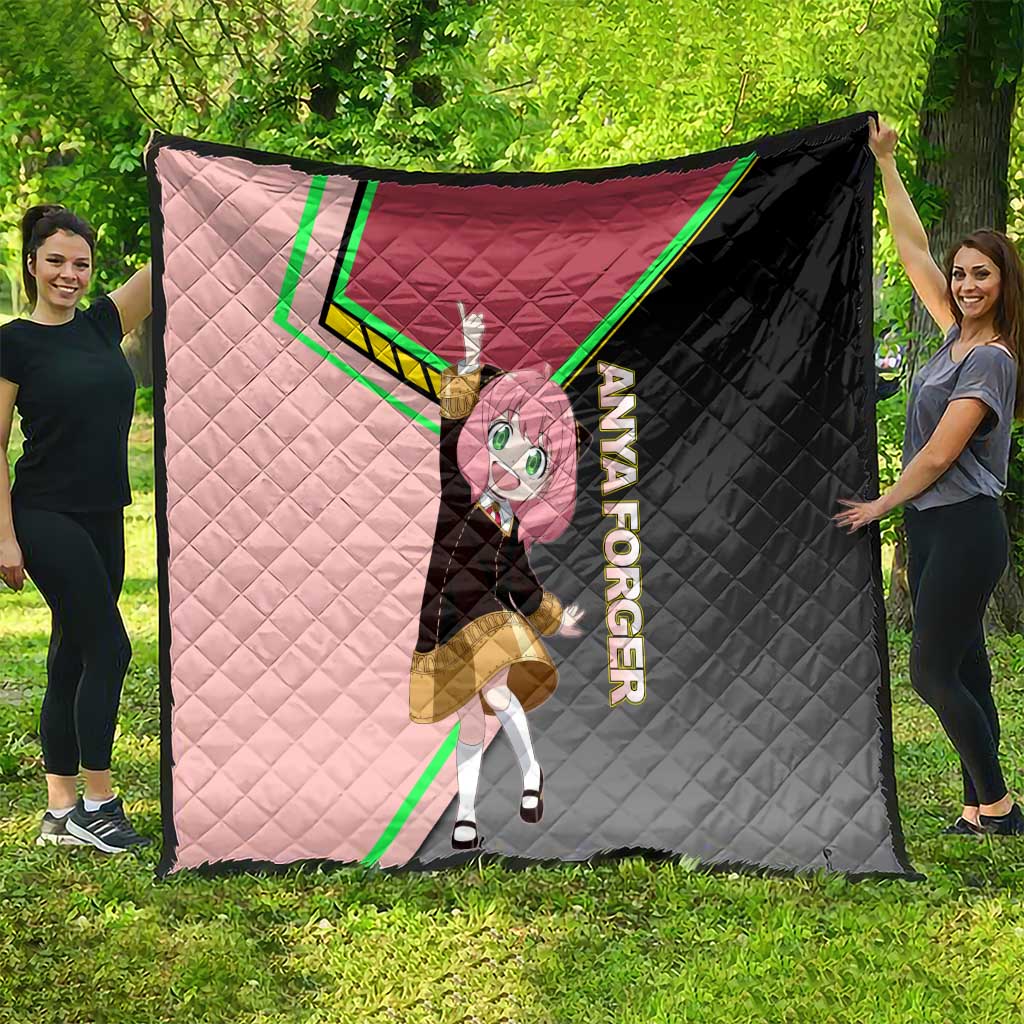 Anya Forger Spy x Family Pink and Black Theme Quilt with Cheerful Pose and Cartoon Style Accents - The Mazicc