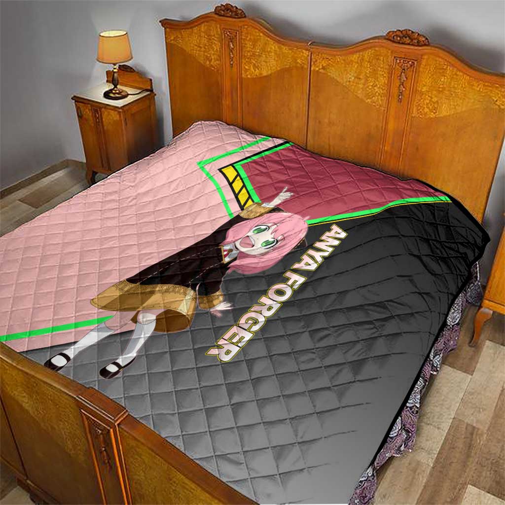 Anya Forger Spy x Family Pink and Black Theme Quilt with Cheerful Pose and Cartoon Style Accents - The Mazicc