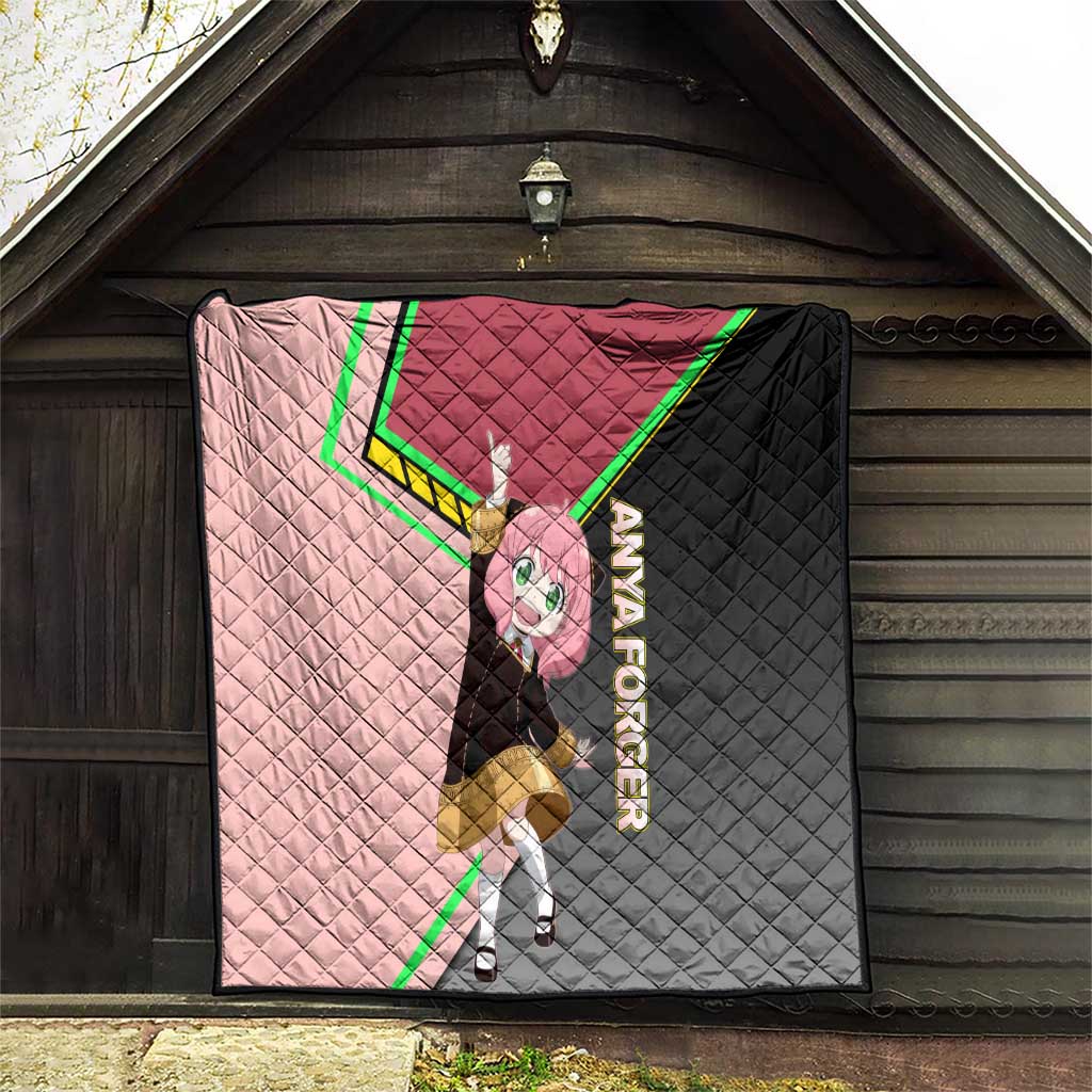 Anya Forger Spy x Family Pink and Black Theme Quilt with Cheerful Pose and Cartoon Style Accents - The Mazicc