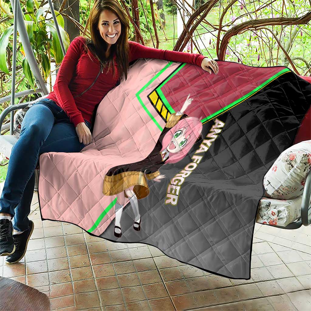 Anya Forger Spy x Family Pink and Black Theme Quilt with Cheerful Pose and Cartoon Style Accents - The Mazicc